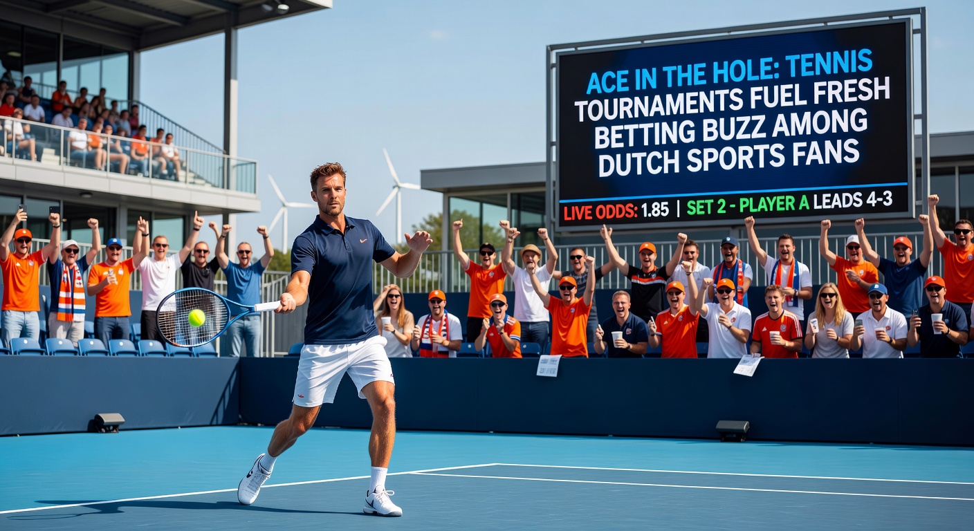 Spannende tenniswedstrijd op gravelbaan met bookmakersodds op scherm, Nederlandse fans juichen vanaf de tribune