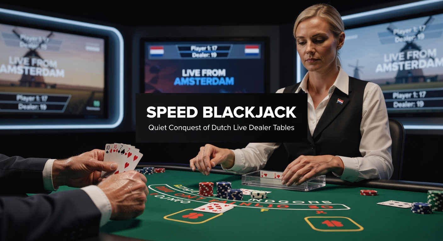 Een dynamische live dealer tafel met Speed Blackjack kaarten en snelle handelingen, spelerskaarten vliegen over het scherm terwijl de dealer razendsnel deelt
