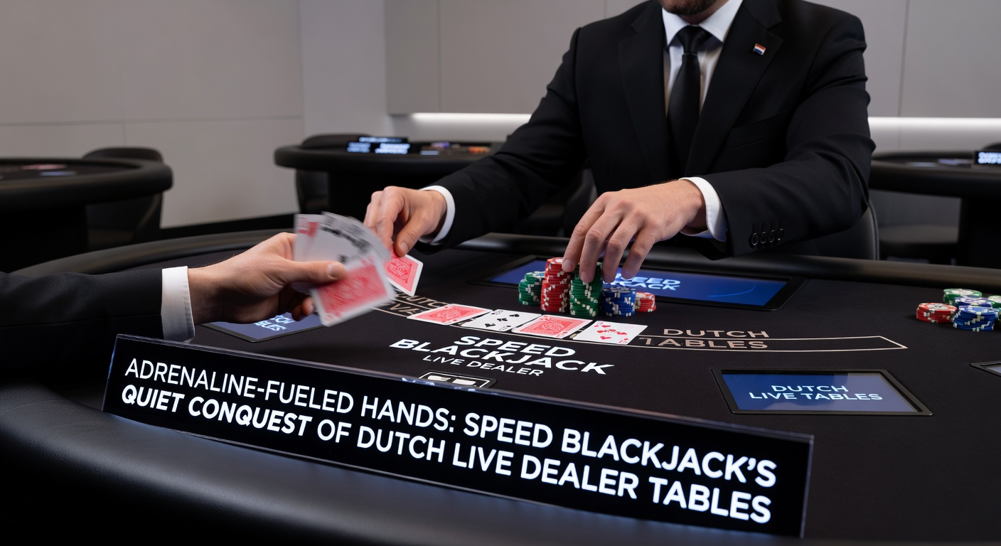 Grafiek met stijgende lijnen van Speed Blackjack speeluren in Nederland, live dealers in actie op een high-tech tafel met digitale side bets