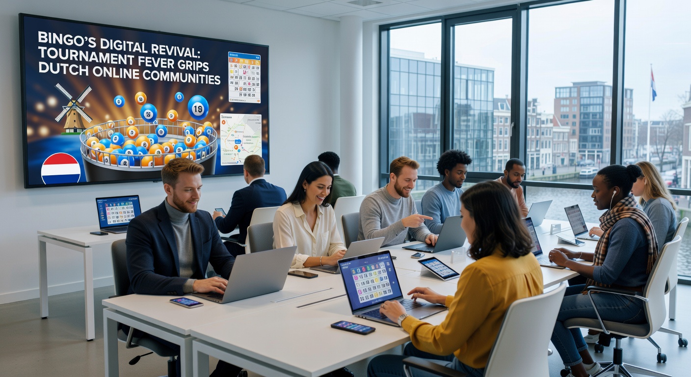 Groep Nederlandse online bingo-spelers in een virtueel toernooi, met leaderboards en prijzen in spotlight