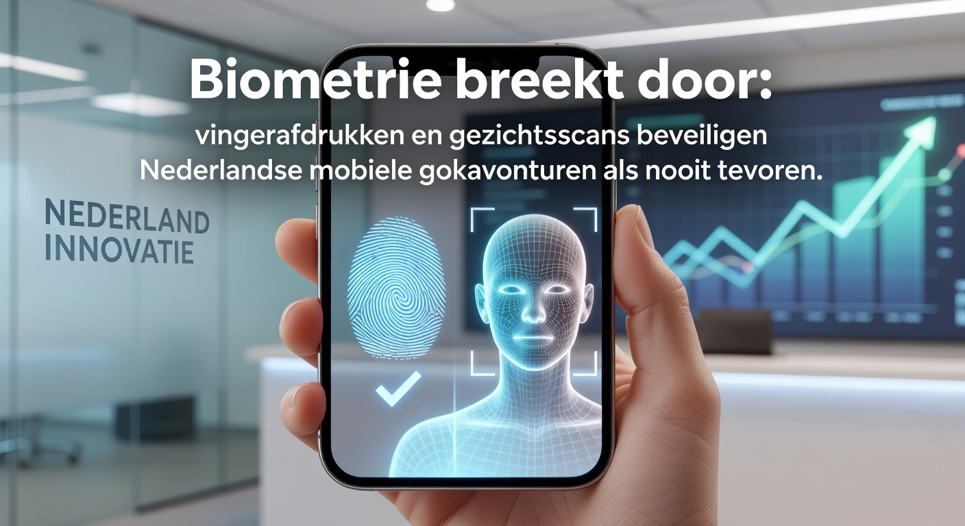 Smartphone met vingerafdrukscanner en gezichtsherkenning activeert een mobiel casino-app op een Nederlands straatje