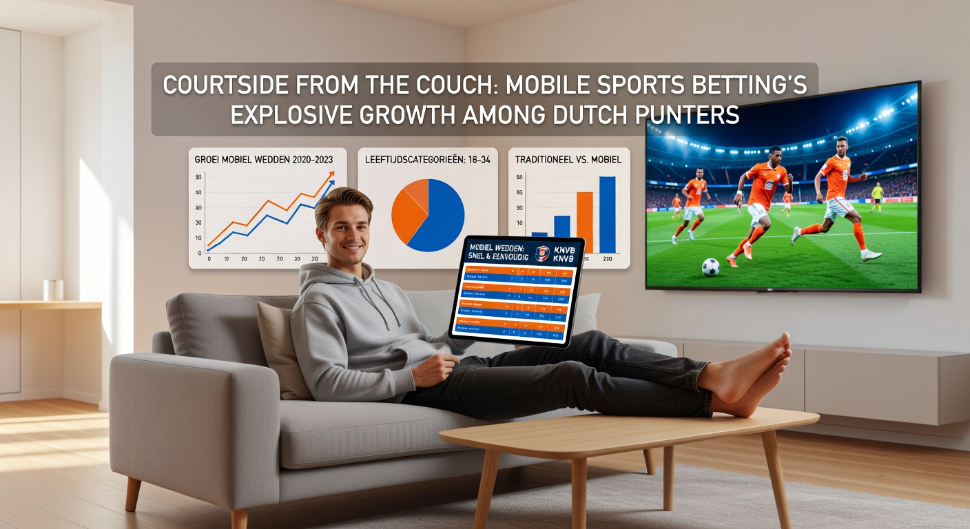 Nederlandse punter checkt mobiele sportweddenschappen-app tijdens een voetbalwedstrijd vanuit huis, met smartphone in de hand en de bank als achtergrond
