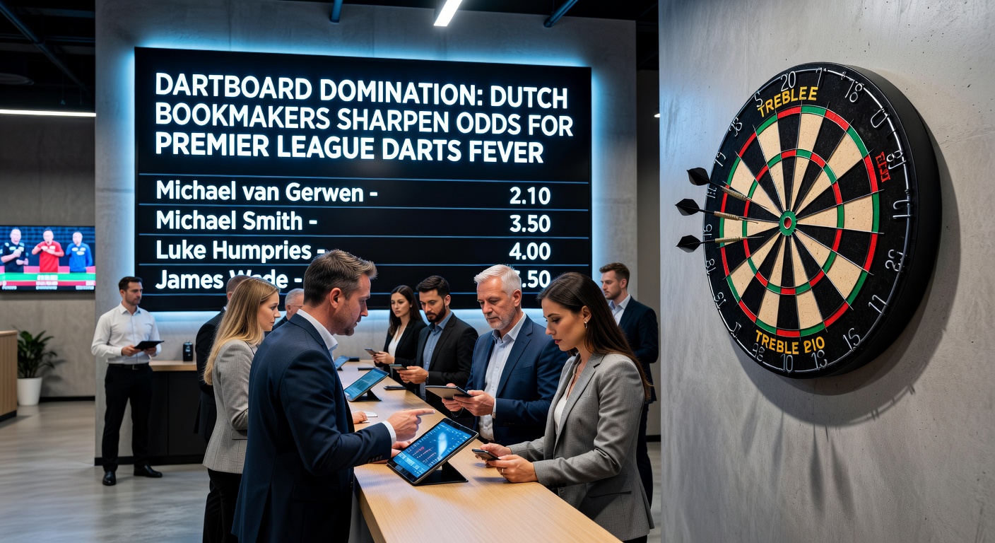 Een dartsspeler richt precisievol op het dartboard tijdens een intense Premier League Darts-wedstrijd, met spotlights en een juichend publiek op de achtergrond