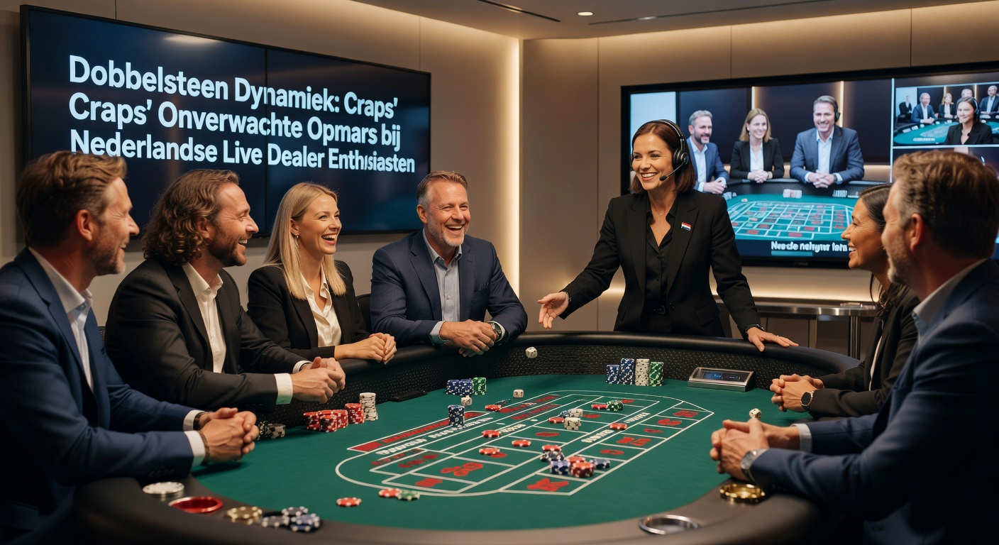 Een bruisende live craps-tafel met dobbelstenen in actie en enthousiaste Nederlandse spelers via live stream