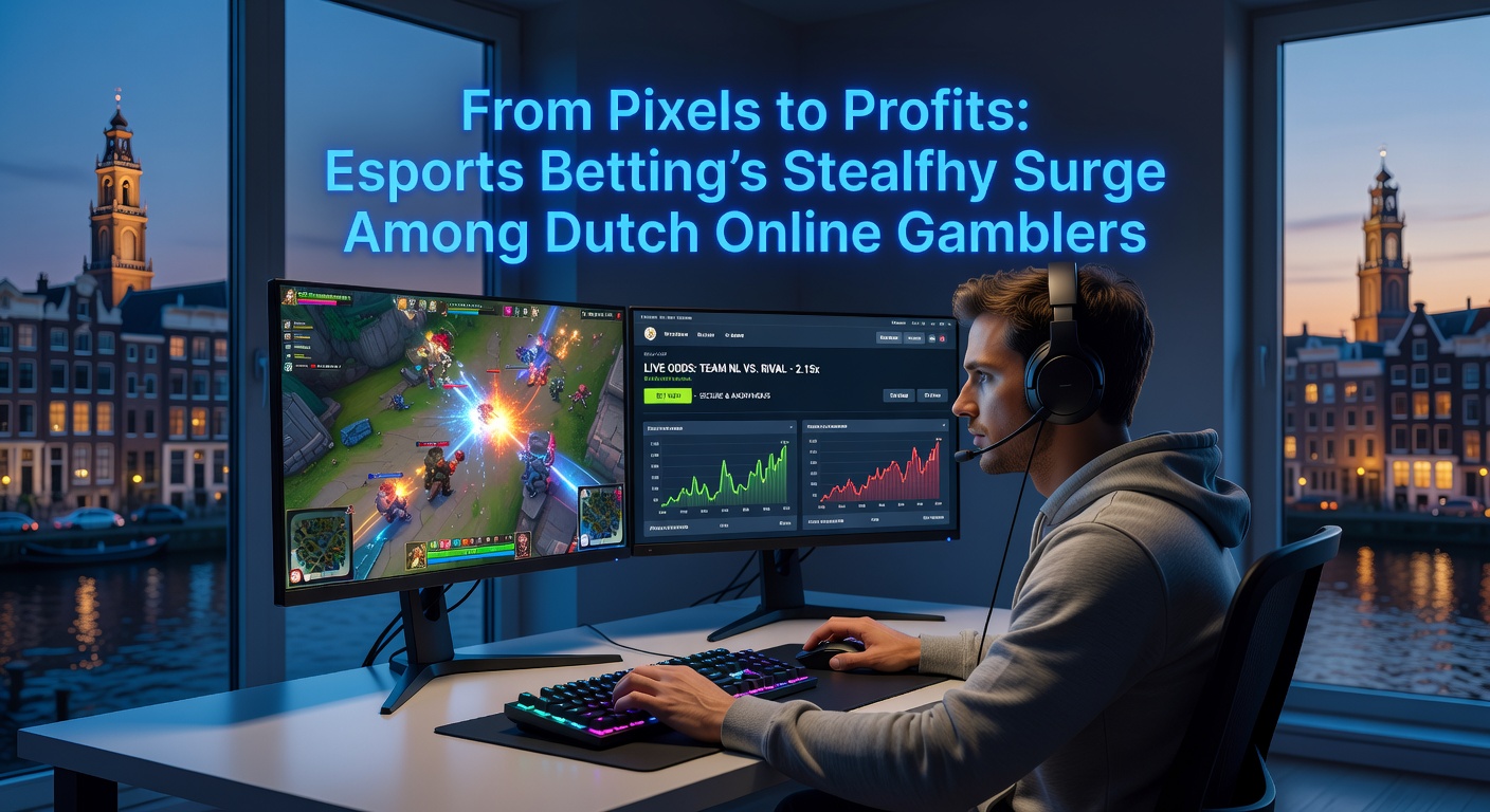 Een dynamische scène van gamers in een felverlichte esports-arena, met overlay van weddenschermen en Nederlandse vlaggen op de achtergrond, symboliserend de groeiende populariteit van esports betting