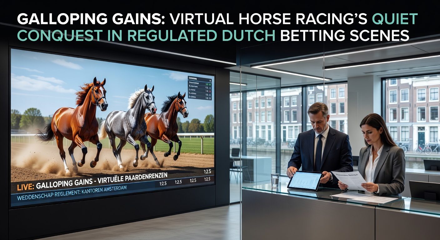 Virtuele paardenrace in actie op een Nederlands online wedplatform, met galopperende digitale paarden en spannende finish