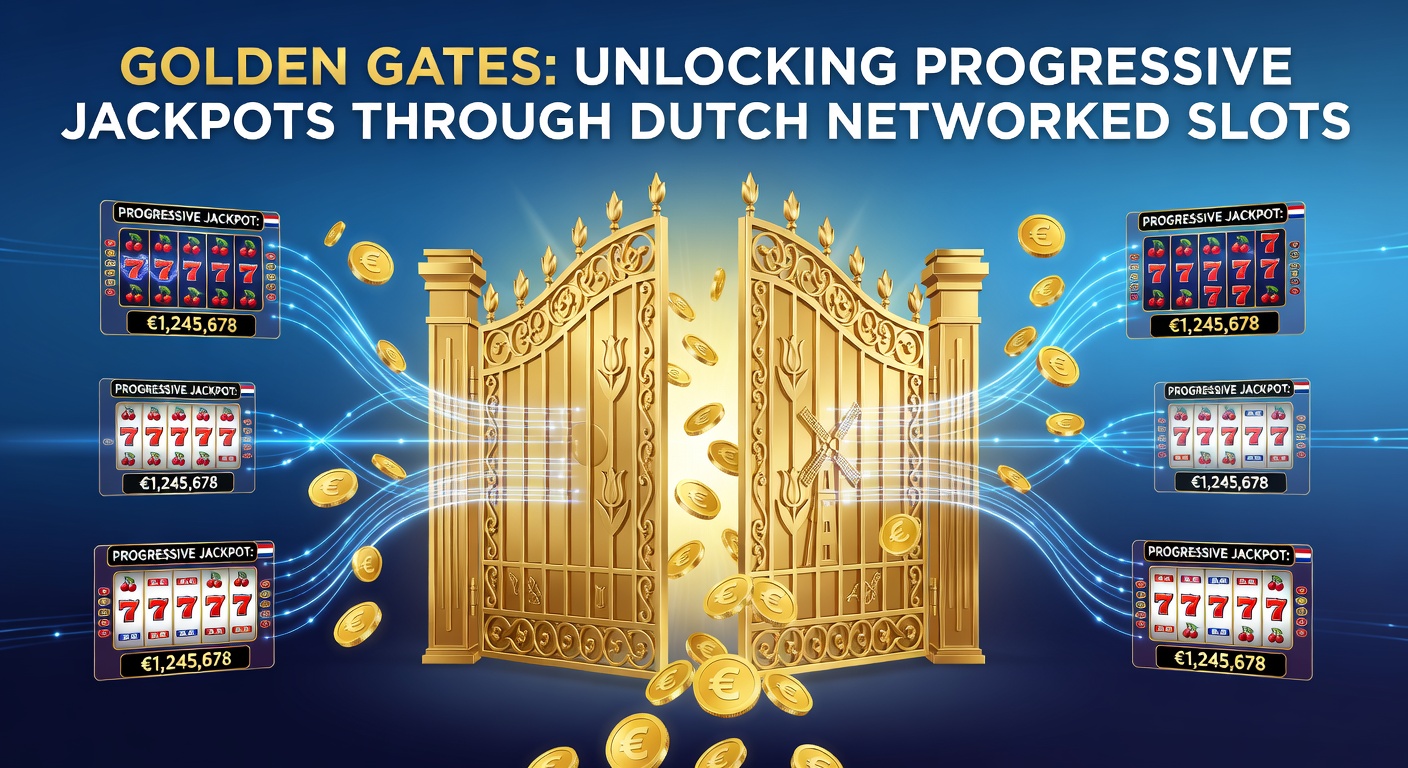 Schitterende gouden poort met vallende munten en draaiende slotrollen, symboliserend de ontgrendeling van progressieve jackpots in Nederlandse online casinos