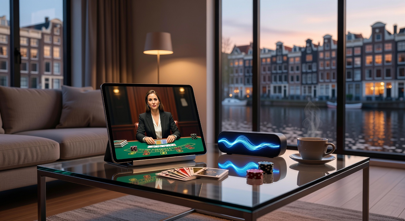 Een levensechte live dealer die kaarten deelt aan een digitale baccarat-tafel, met spelers vanuit Nederlandse homes aangesloten