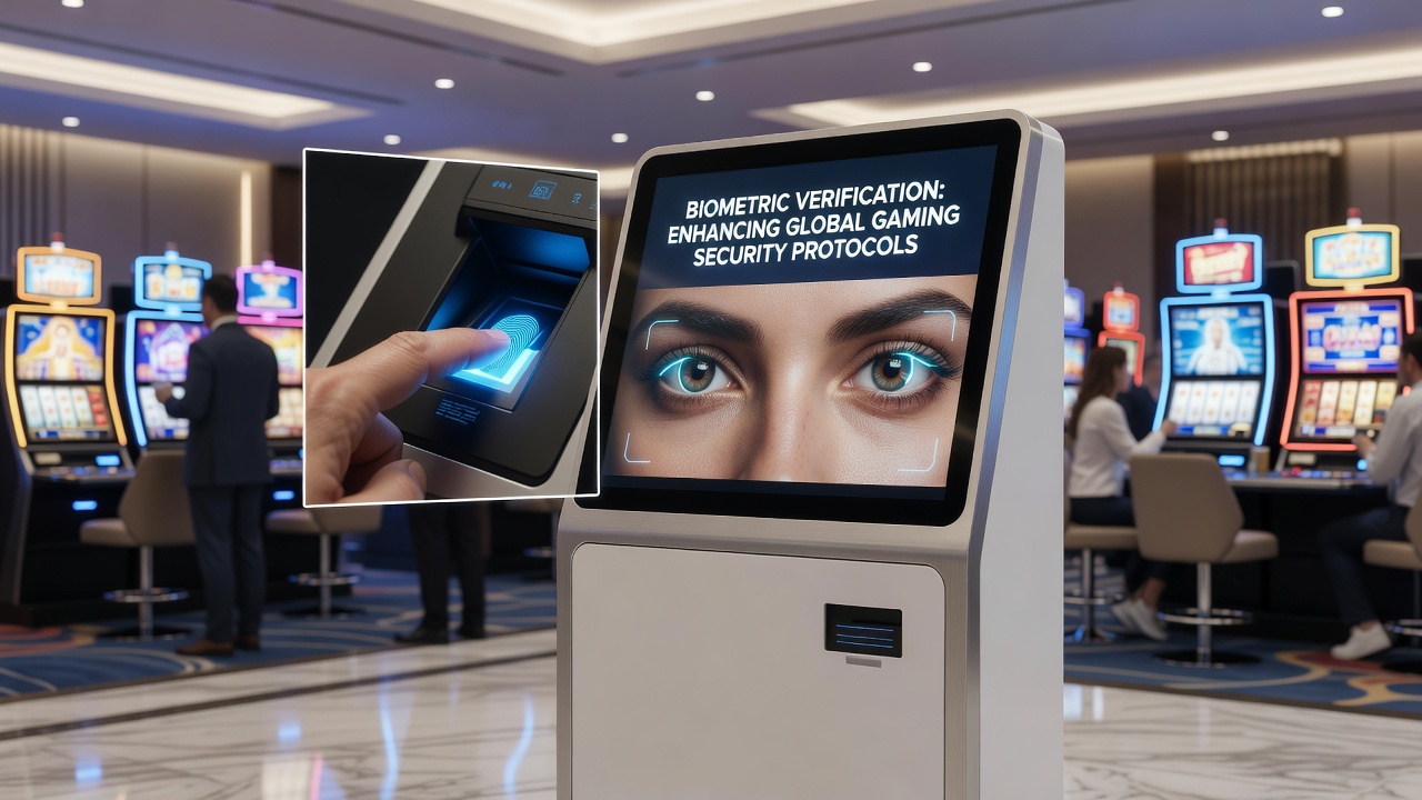 Overzicht van een gaming venue met geïntegreerde biometrische poorten en beveiligingsschermen