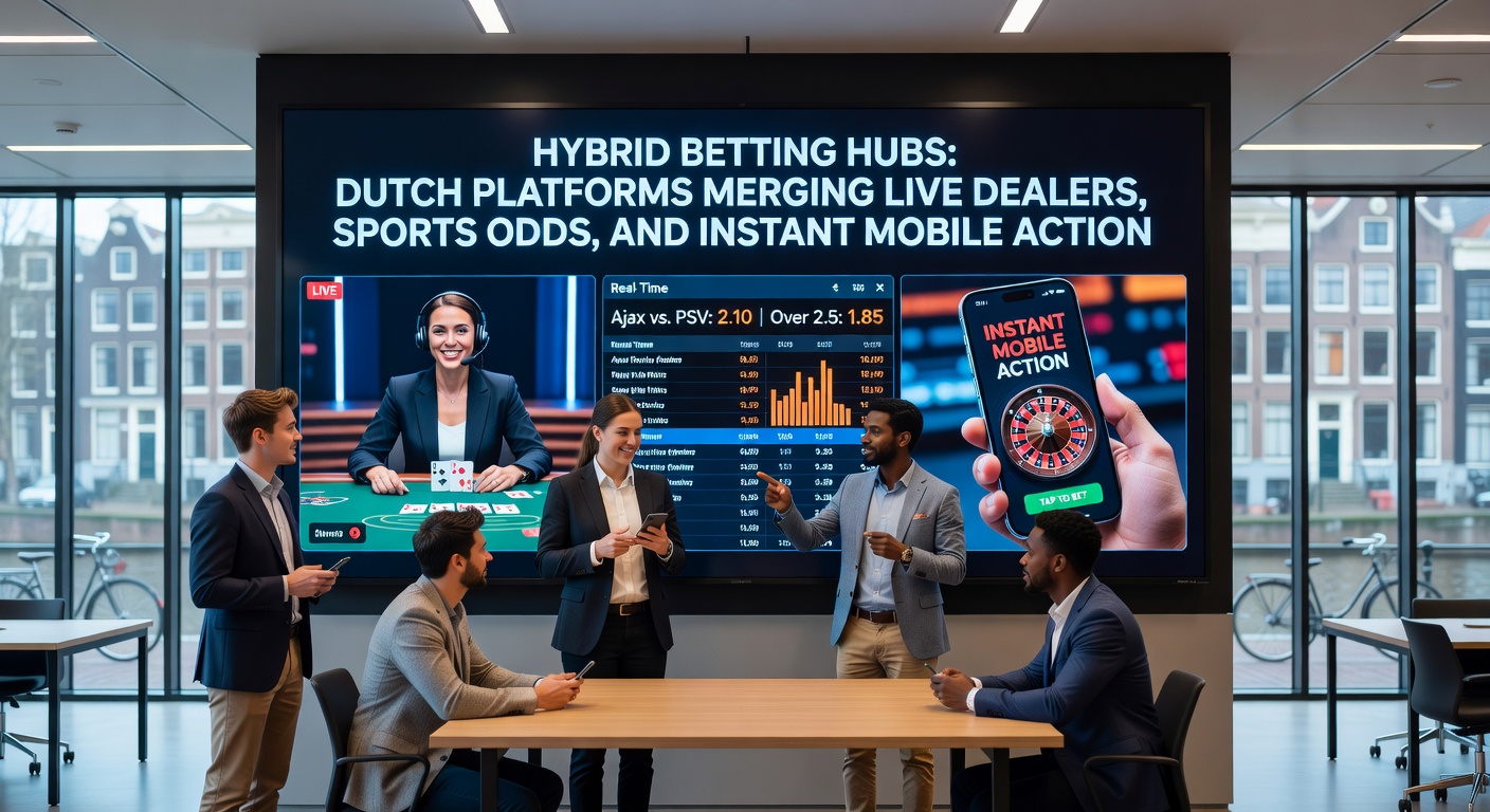 Schermafbeelding van een hybride betting hub met live dealer blackjack naast sportweddenschappen op een mobiel scherm