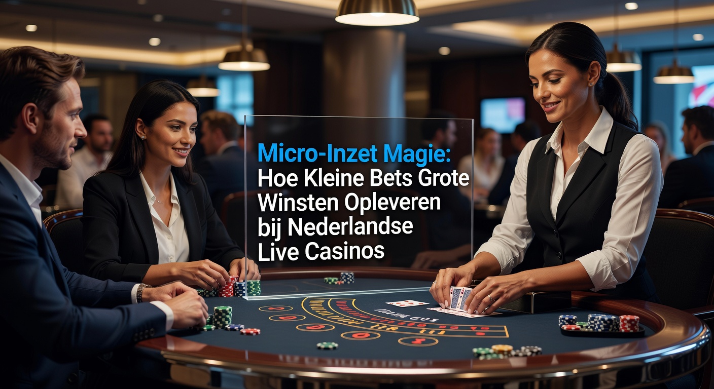 Live casino tafel met stapels kleine fiches en een euforische speler aan de blackjacktafel, symboliserend micro-inzet successen