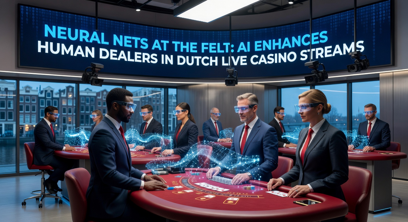 AI-interface ondersteunt een live dealer bij een blackjacktafel in een Nederlands casino stream, met neurale netwerken die kaarten analyseren en suggesties geven