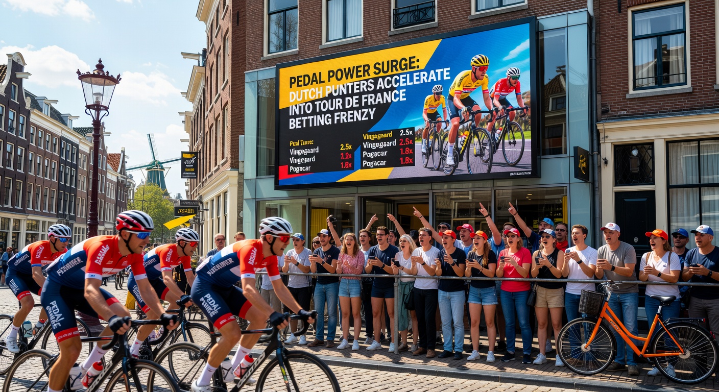 Nederlandse wielerfans verzameld voor een groot scherm tijdens een Tour de France-etappe, met bookmakers-apps op hun telefoons