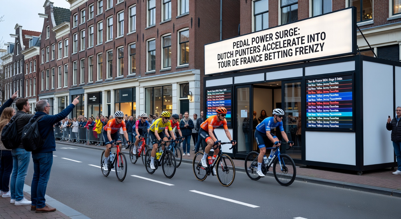 Sprinter Mathieu van der Poel in volle actie tijdens een Tour de France-etappe, met close-up van een smartphone met open weddenschap-app