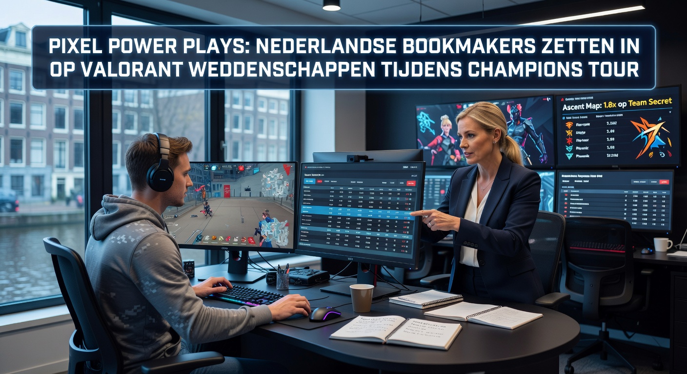 Valorant-spelers in actie tijdens een Champions Tour-wedstrijd, met bookmakers-logo's op de achtergrond