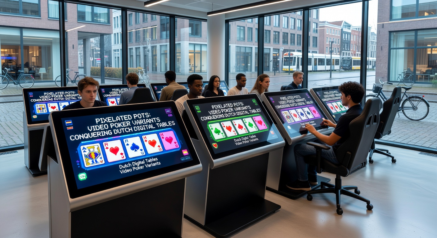 Speler aan een touchscreen video poker machine met groeiende pixelated jackpot in een Nederlands online casino