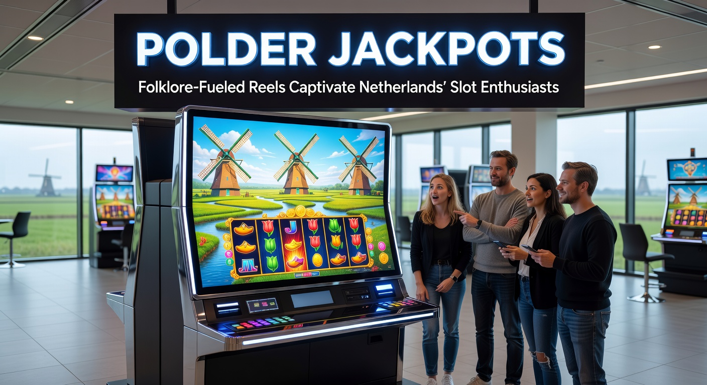 Kleurrijke slotmachine met Nederlandse folklore-elementen zoals molens, tulpen en polders, jackpot-wielen draaien fel