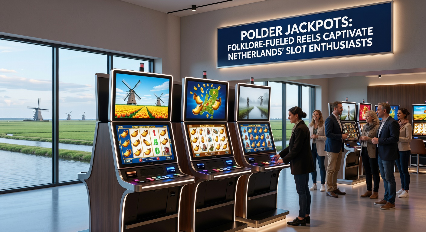 Speler achter touchscreen met polder jackpot slot, molen-symbolen lijnen uit voor een grote uitbetaling, Nederlandse vlag op achtergrond