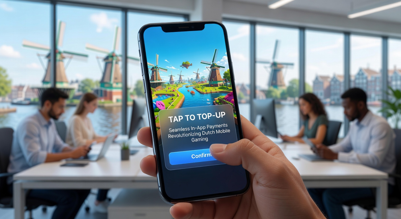 Grafiek toont stijging in-app aankopen in Nederland, met lijn die piekt bij introductie van Tap to Top-Up, naast telefoon met game-interface