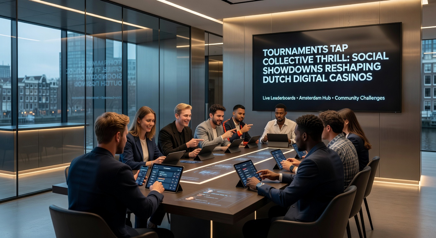 Schermen vol leaderboard-actie in een Nederlands online casino toernooi, waar spelers real-time strijden om de topposities terwijl chatboxen bruisen van competitieve banter