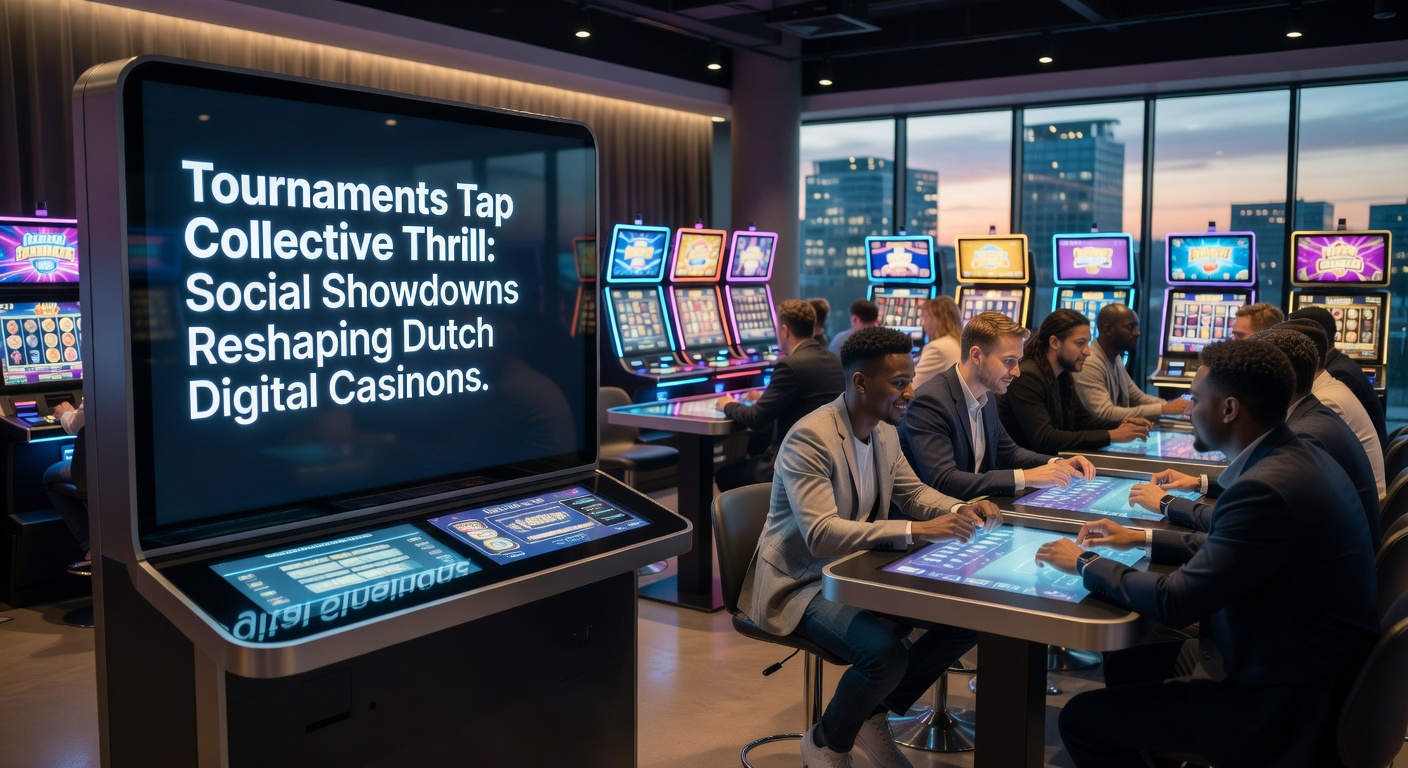 Close-up van een mobiel scherm met een bruisende toernooi-chat en leaderboard, waar Nederlandse spelers emotes en trash-talk uitwisselen tijdens een live slots-battle