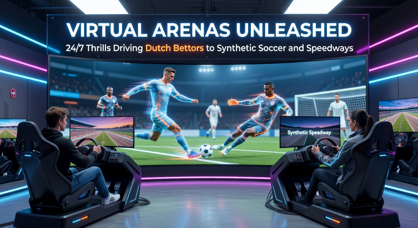 Dynamische weergave van een synthetisch voetbalwedstrijd met digitale spelers in actie op een virtueel stadion, omringd door speedway-races met flitsende virtuele motoren