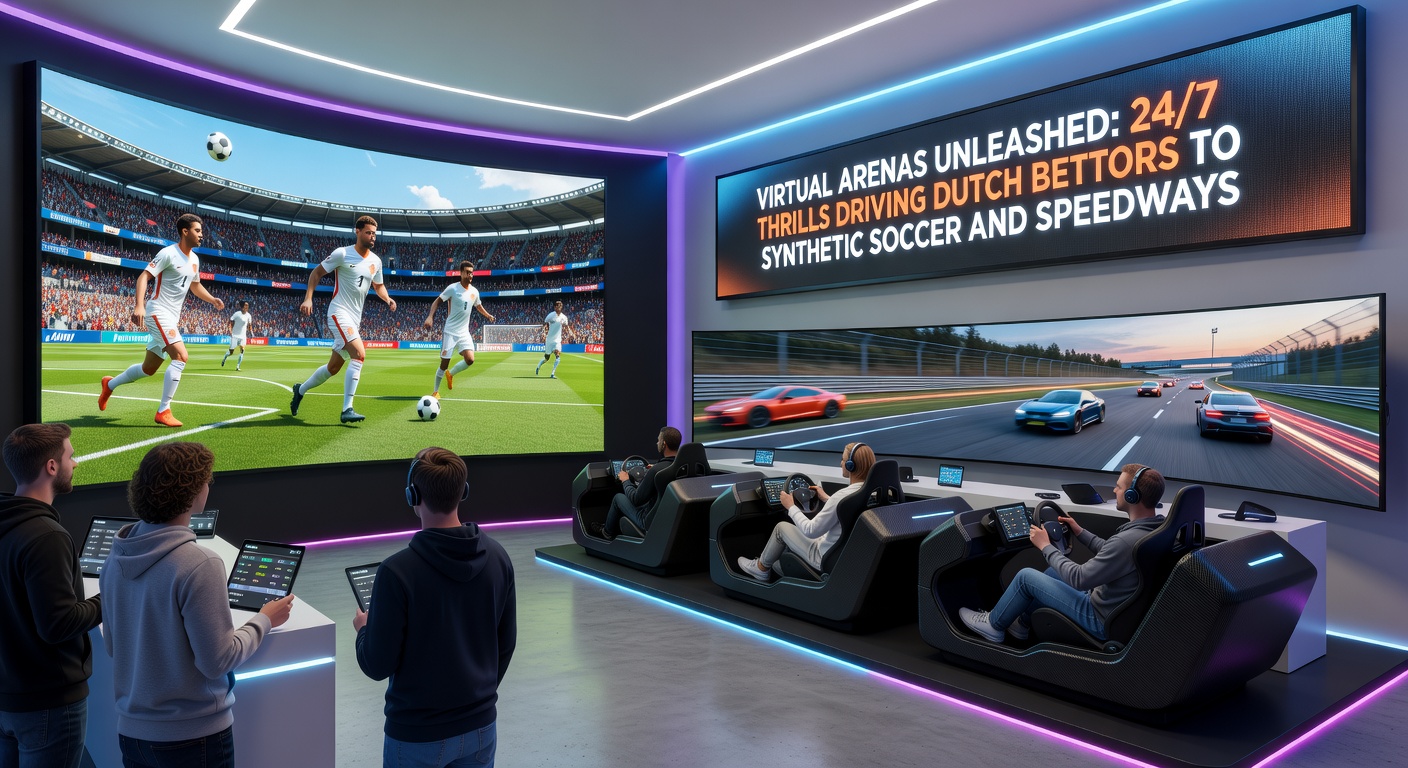 Virtuele speedway-race met flitsende motoren op een ovale baan, digitale coureurs in volle vaart door bochten, met overlay van live odds en inzetten